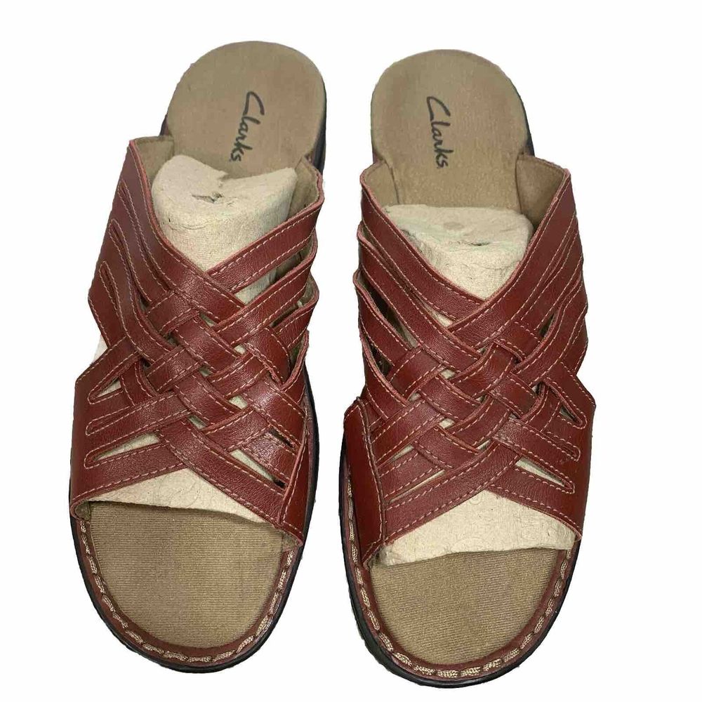 Clarks Women's Red-Brown Woven Leather Slide Sandals